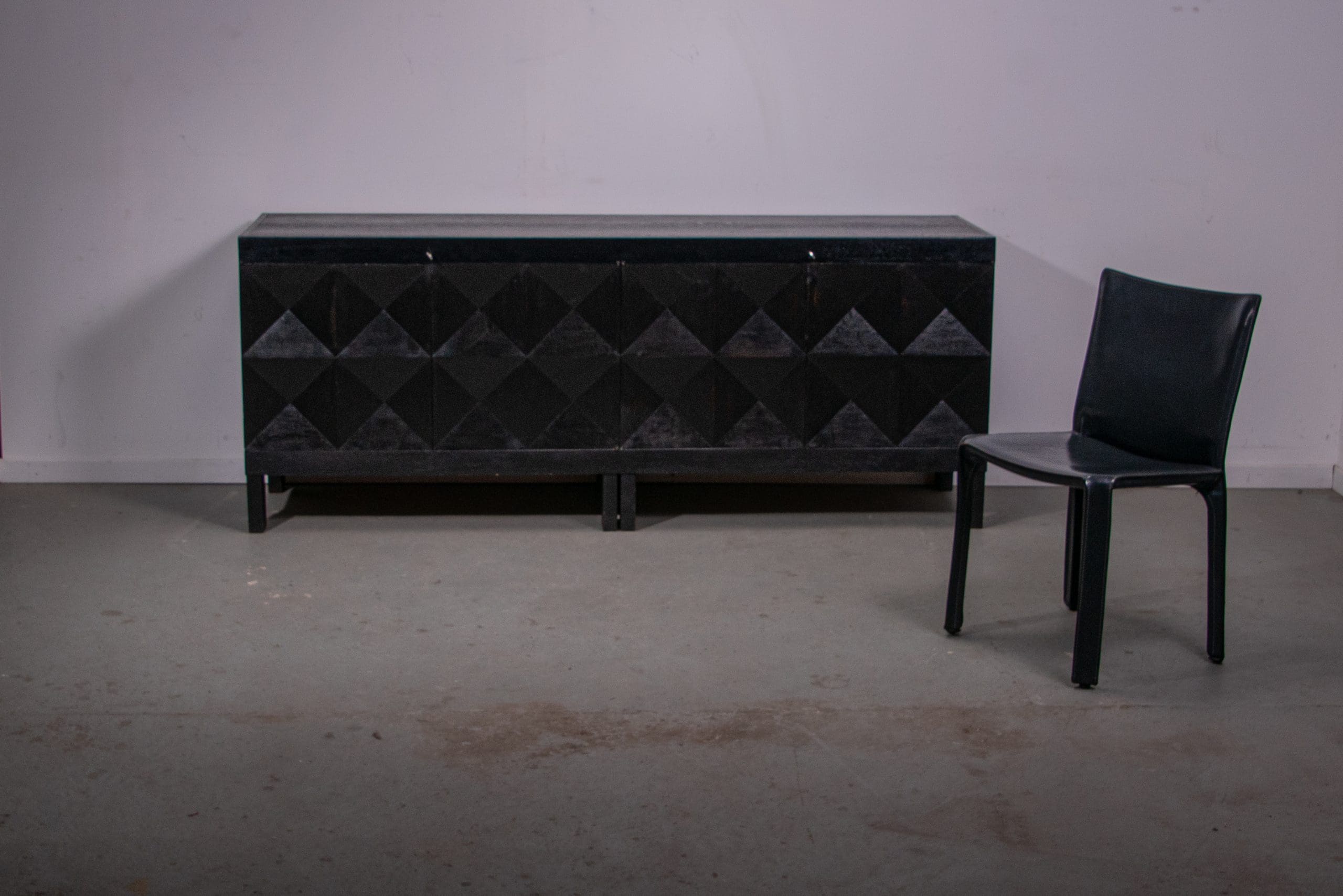 Black oak brutalist sideboard by Jean Batenburg with graphical doors for MI, Belgium