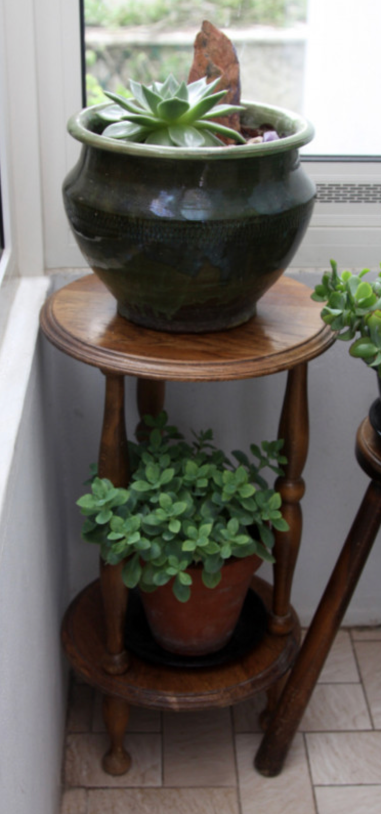 Pot holder, pedestal table, wood, vintage, 60s