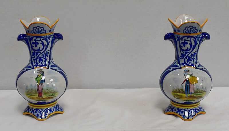 Pair of vases in quimper earthenware - late nineteenth