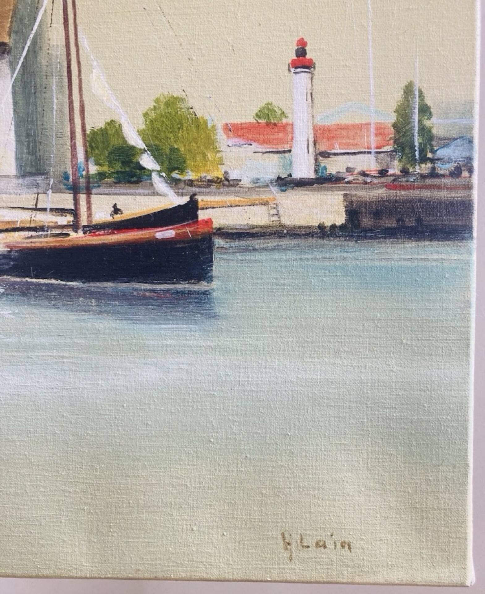 Oil painting on canvas of the old port of Honfleur signed Alain Huin.