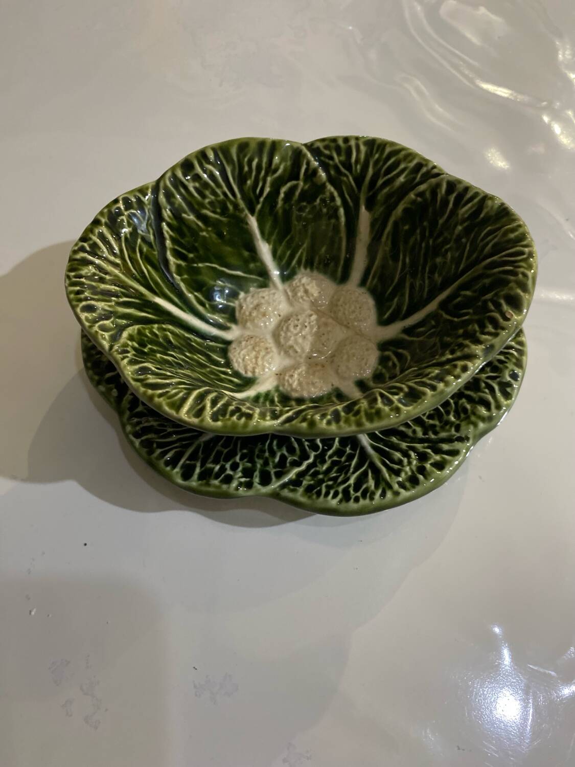 Vintage barbotine and majolica sauceboat