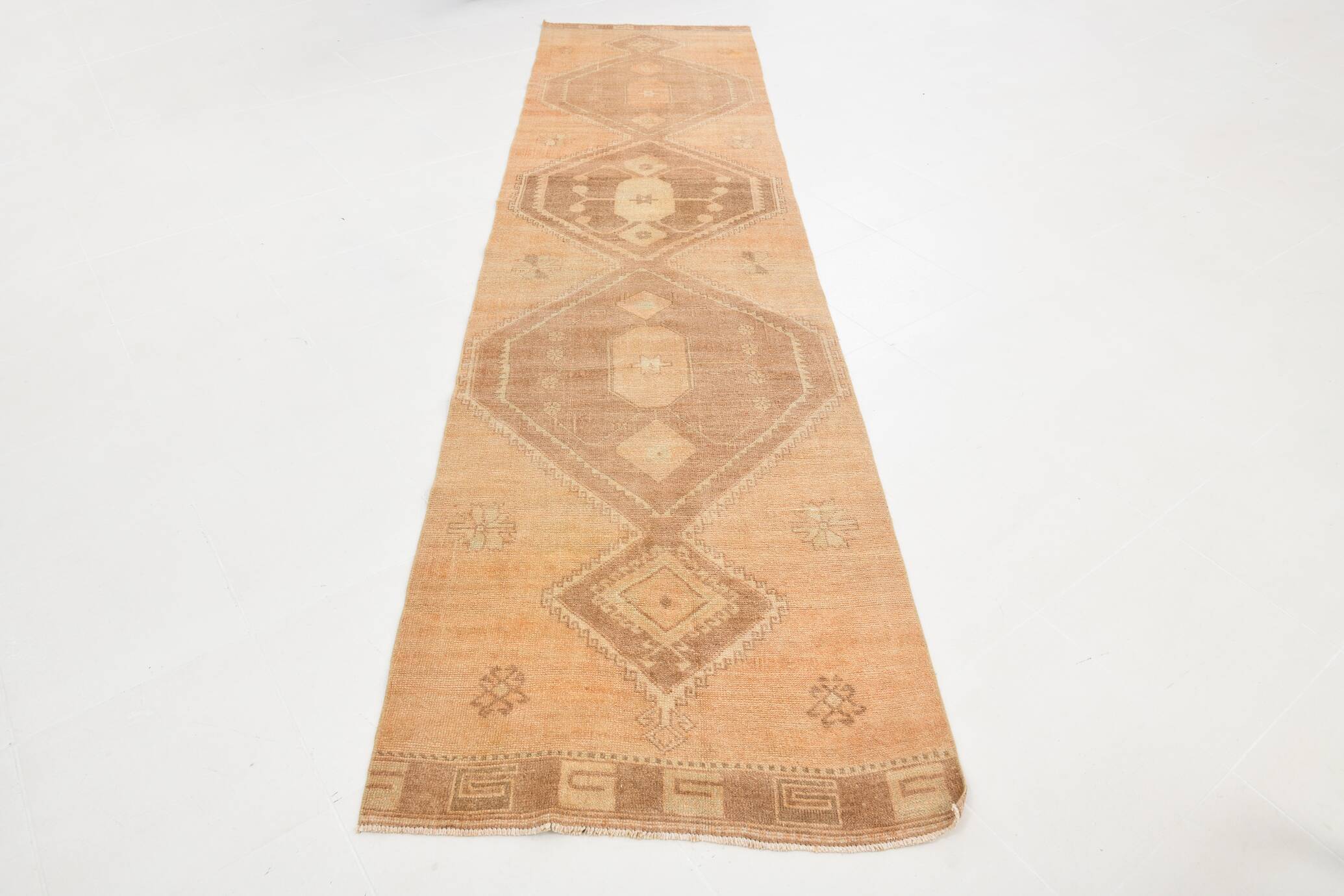 Brown & Cream Turkish Runner Rug, 95x377Cm