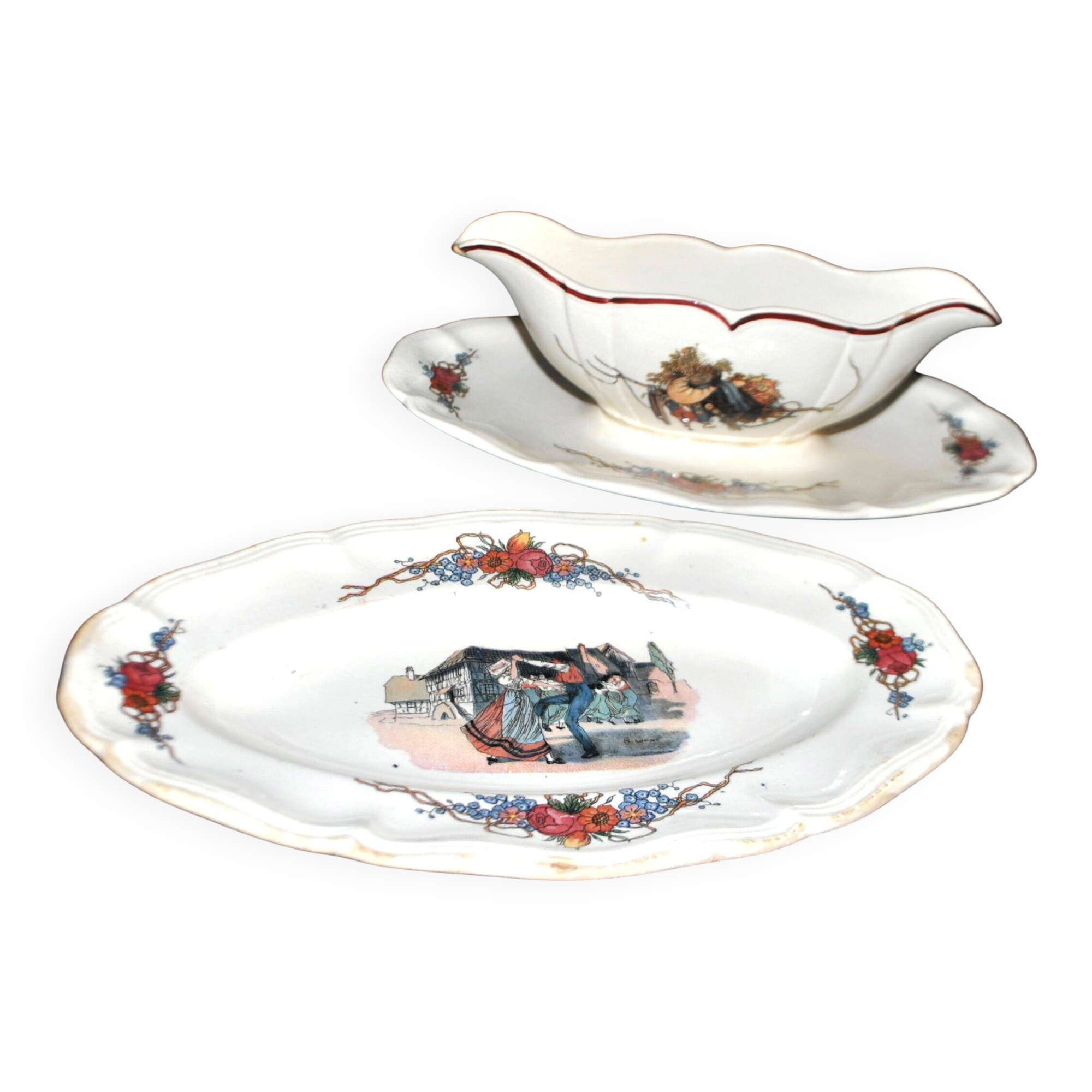 Sarreguemines sauce boat and dish in earthenware with "Obernai" decoration by Henri Loux