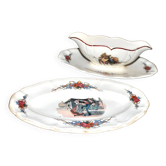 Sarreguemines sauce boat and dish in earthenware with "Obernai" decoration by Henri Loux