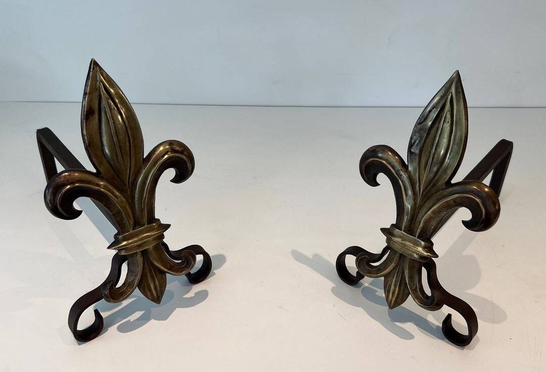 Pair of Bronze and Wrought Iron Chenets with Fleur-de-Lys Supports. France.