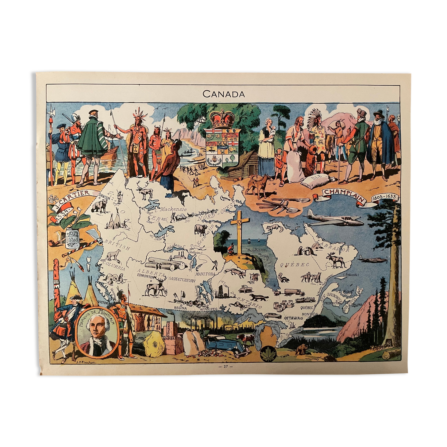 Affiche ancienne carte illustrée du canada de 1948 - jp pinchon