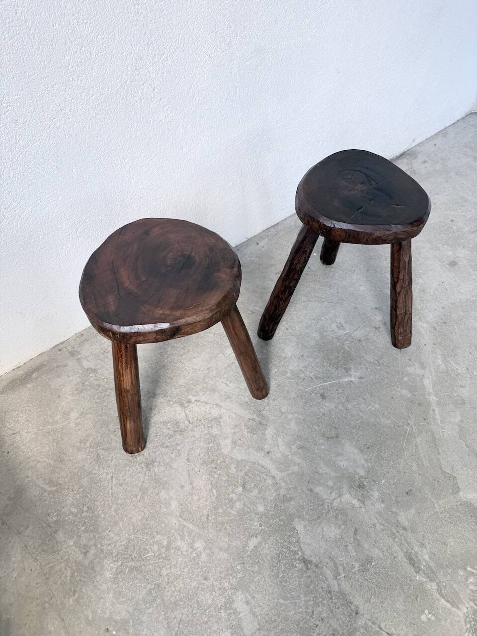 Pair of tripod stools in oak