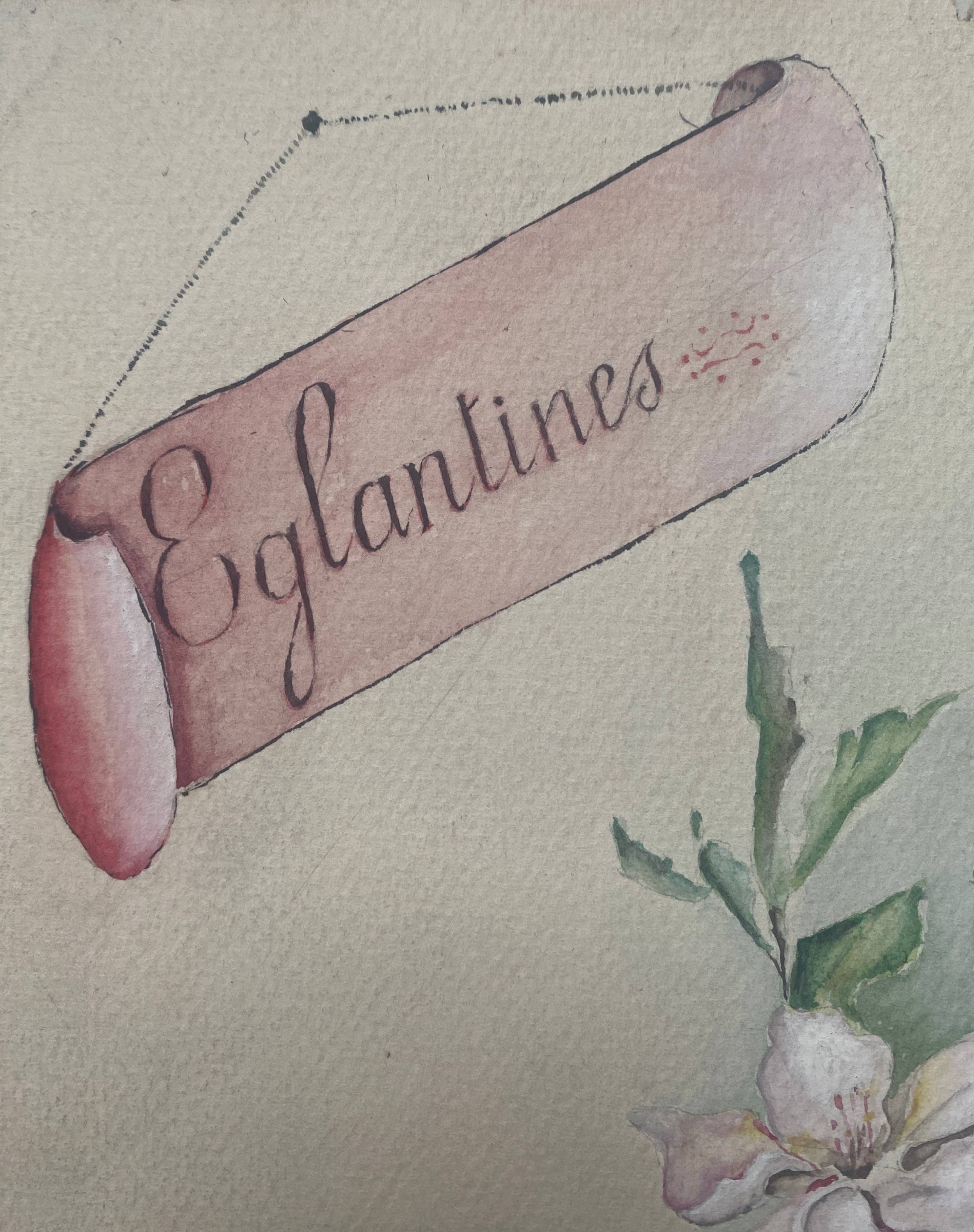 Watercolor painting "Bouquet of Eglantines" signed around 1900 on Vidalon paper