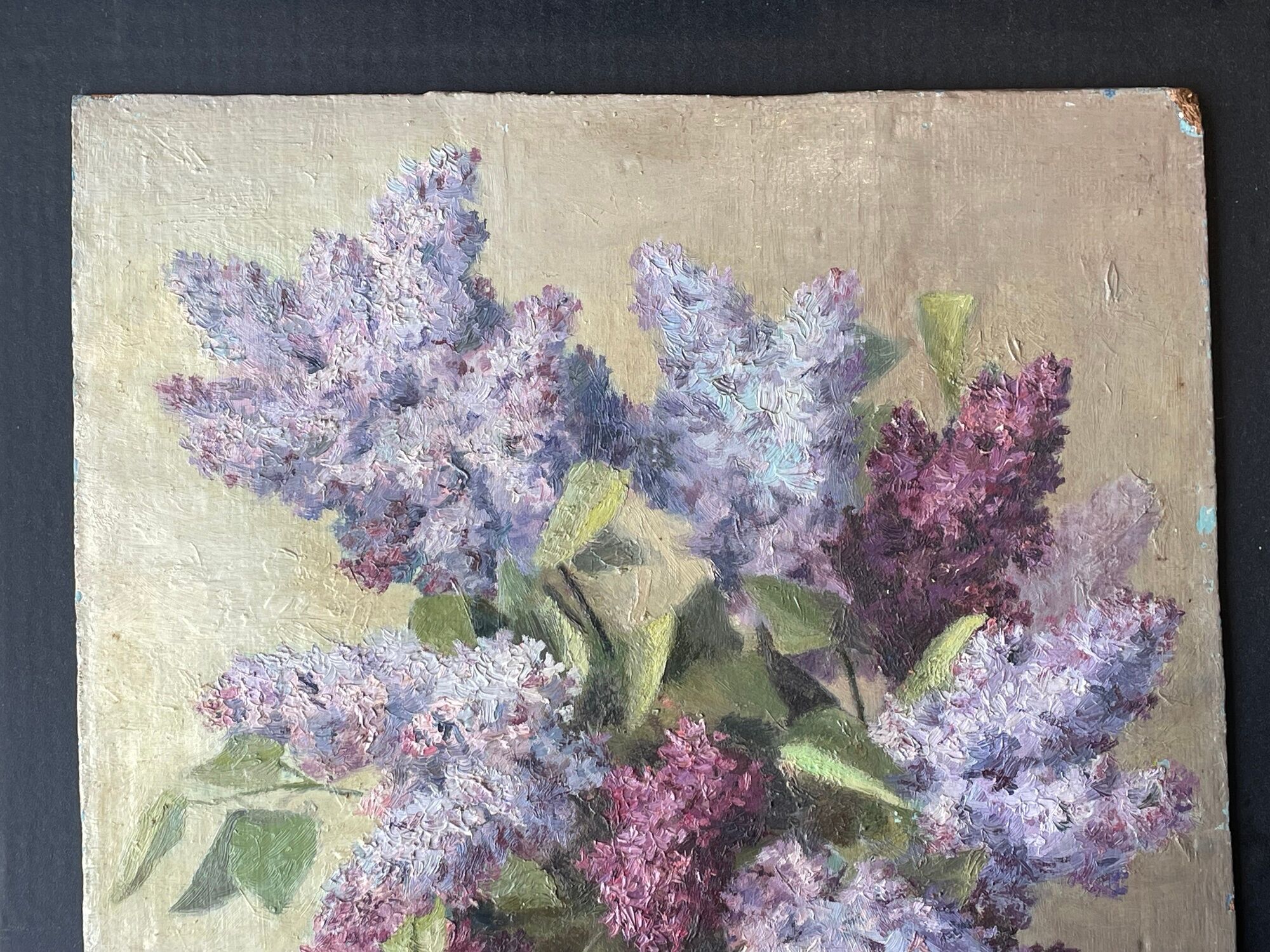 Painting without frame oil on panel signed paget, bouquet of lilacs