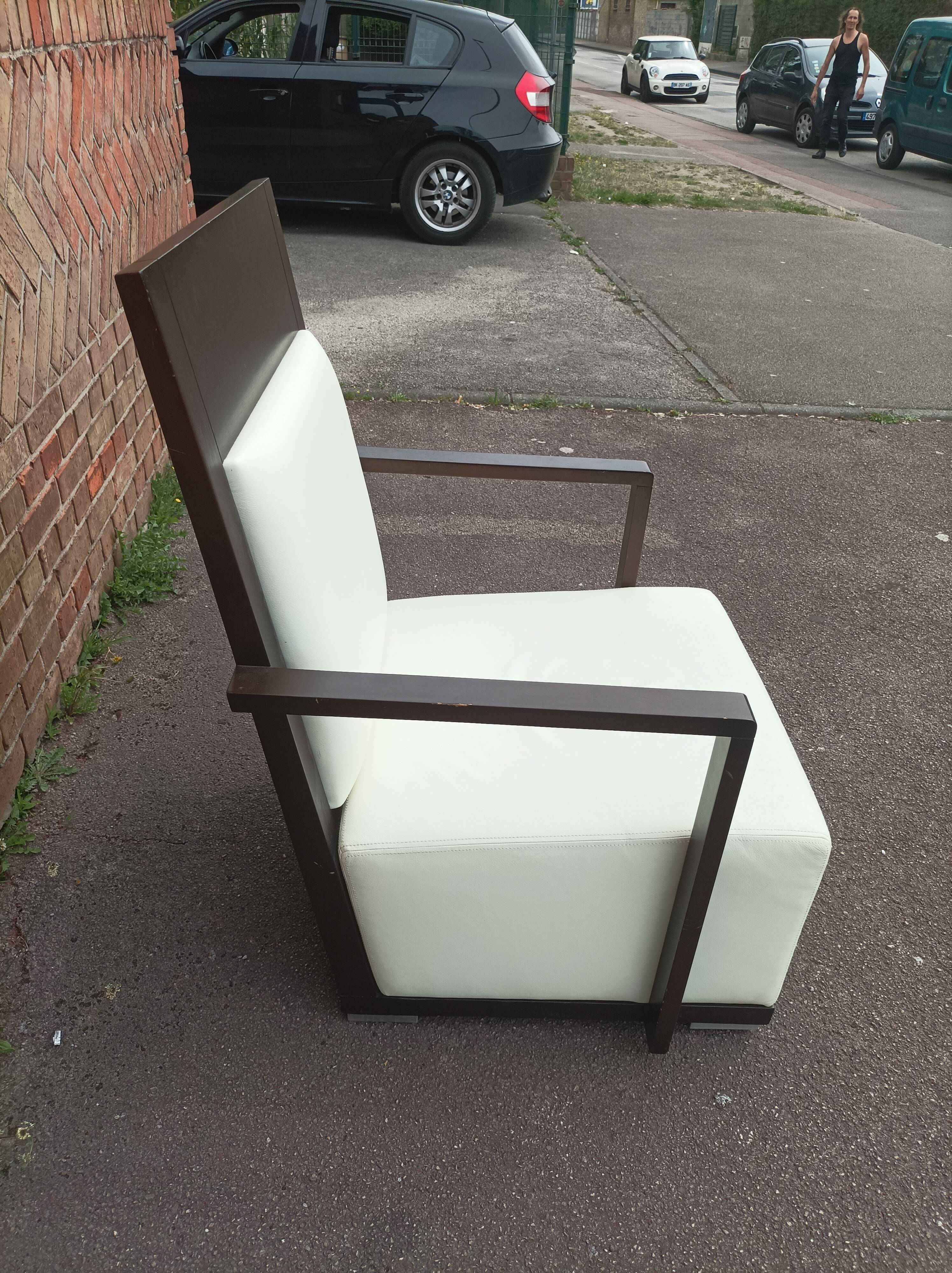 Old armchair white leather art deco design André sornay