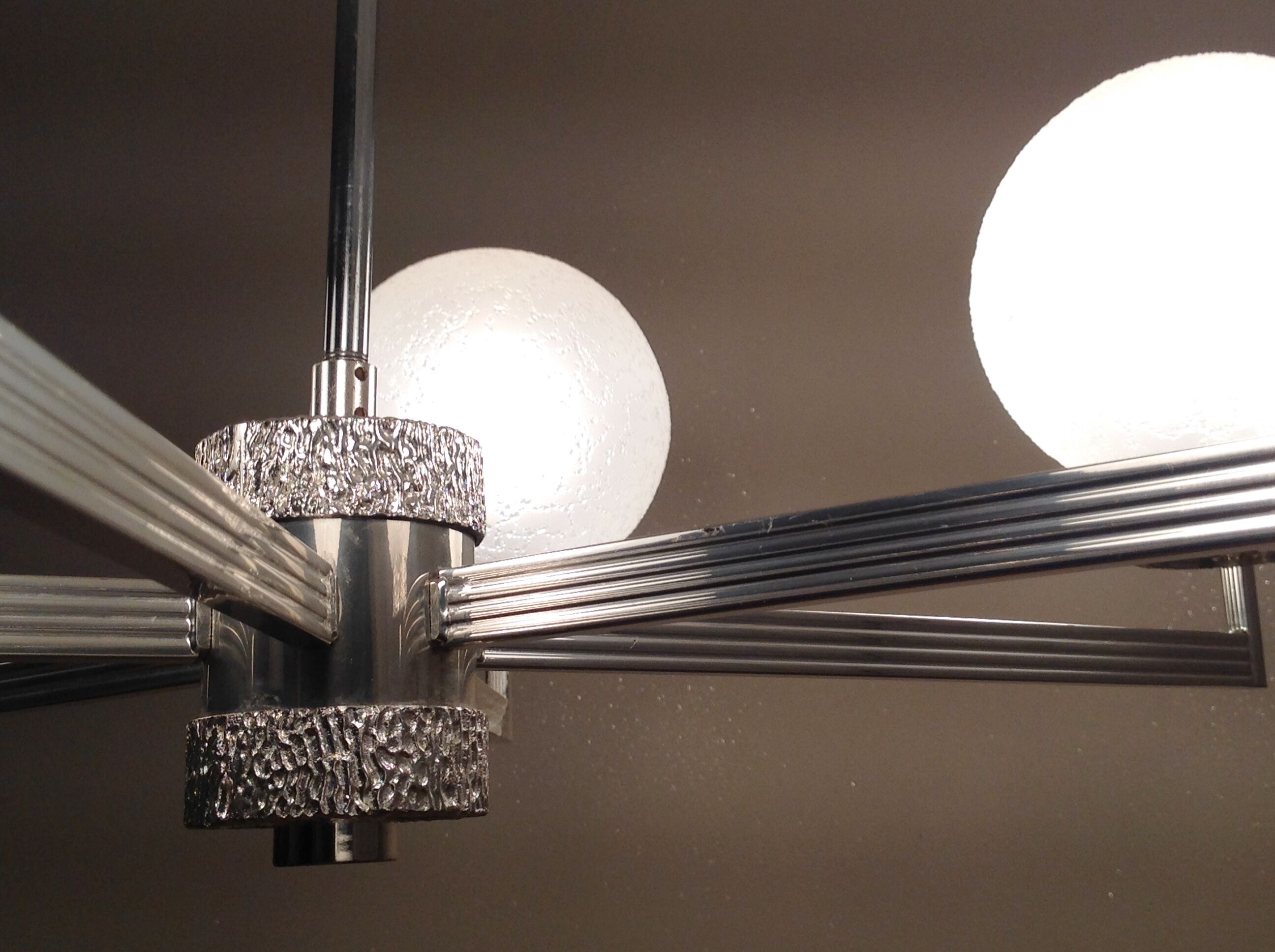 Six-light chrome metal chandelier and opaque glass globes / vintage 60s and 70s