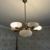 Art Deco brass and glass 5-arm chandelier, Central Europe, 1940s