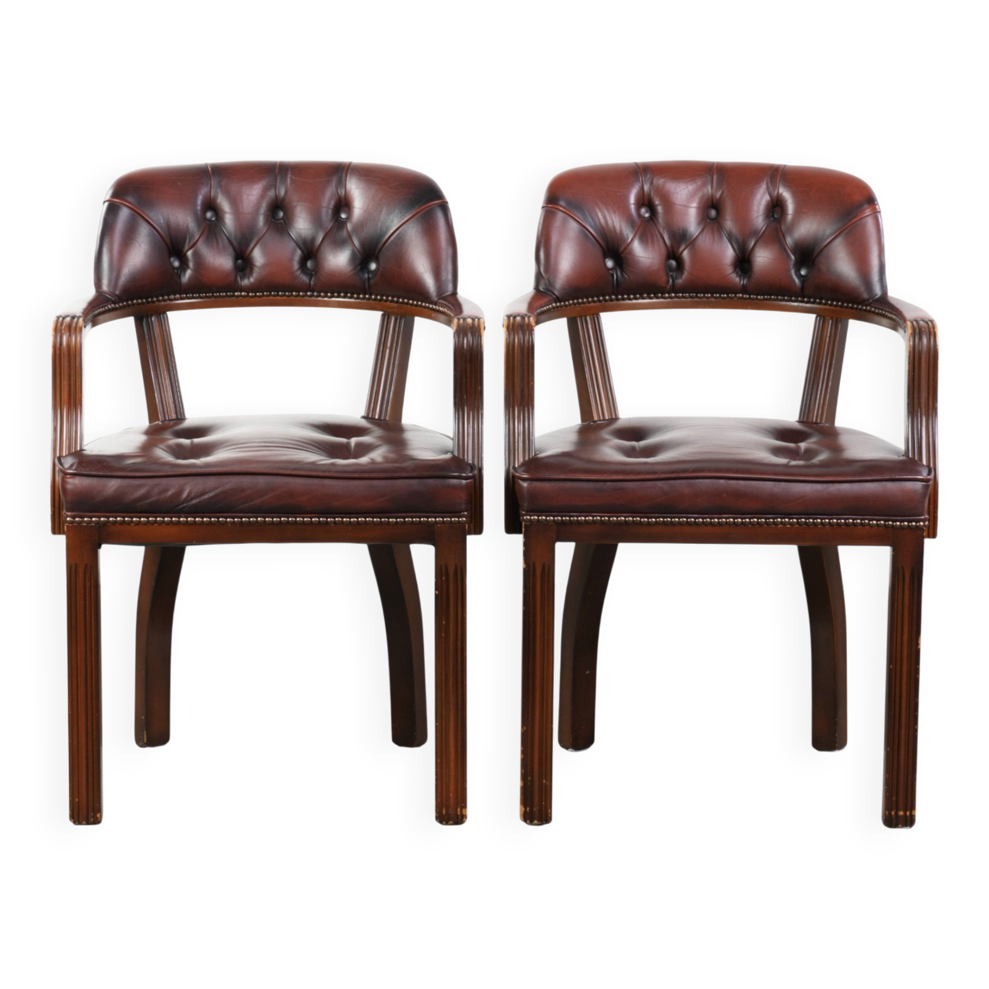 Set of two dark brown cowhide leather Chesterfield dining/side chairs
