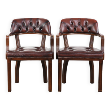 Set of two dark brown cowhide leather Chesterfield dining/side chairs