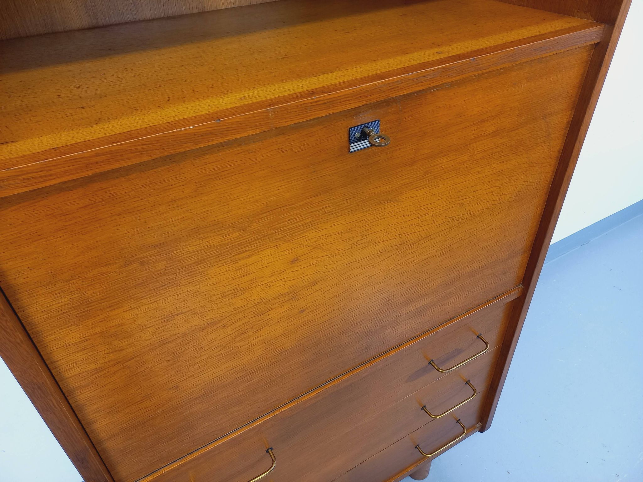Vintage oak secretary storage furniture from the 1950s and 60s.