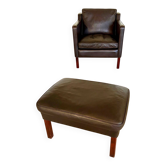 Mid-century Stouby leather lounge chair and stool in brown leather