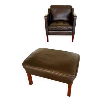 Mid-century Stouby leather lounge chair and stool in brown leather