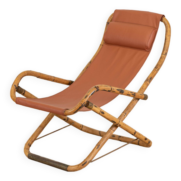 Fauteuil en cuir de salon pliant vintage structure bambou et laiton, Italie, années 1960