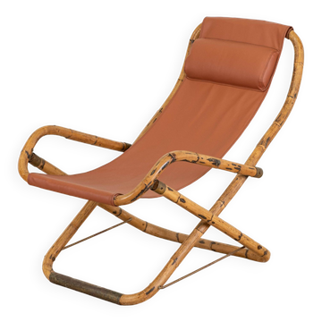 Vintage folding living room leather armchair with bamboo and brass structure, Italy, 1960s