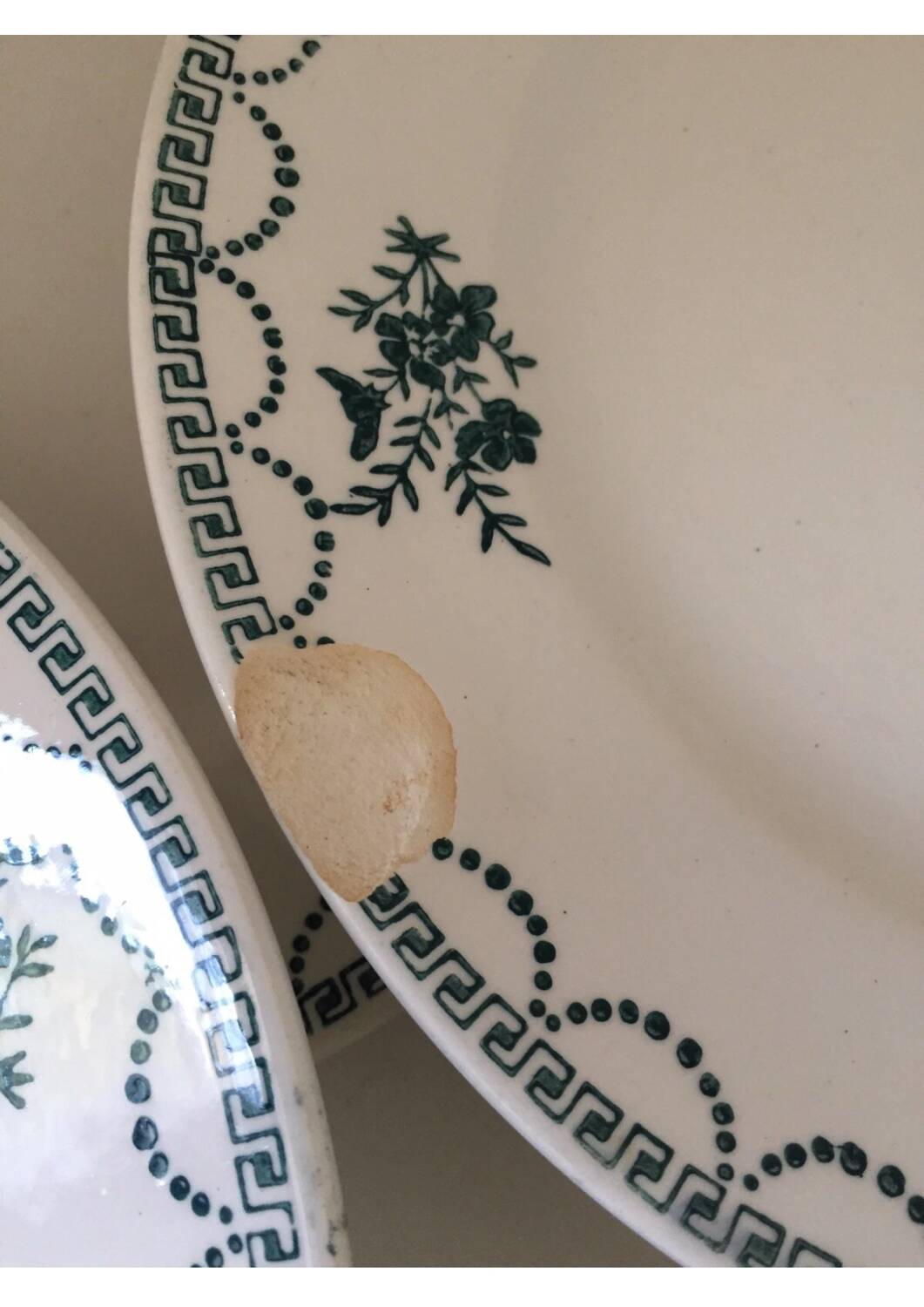 Suite assiettes Terre de Fer décor vert fleurettes St Amand