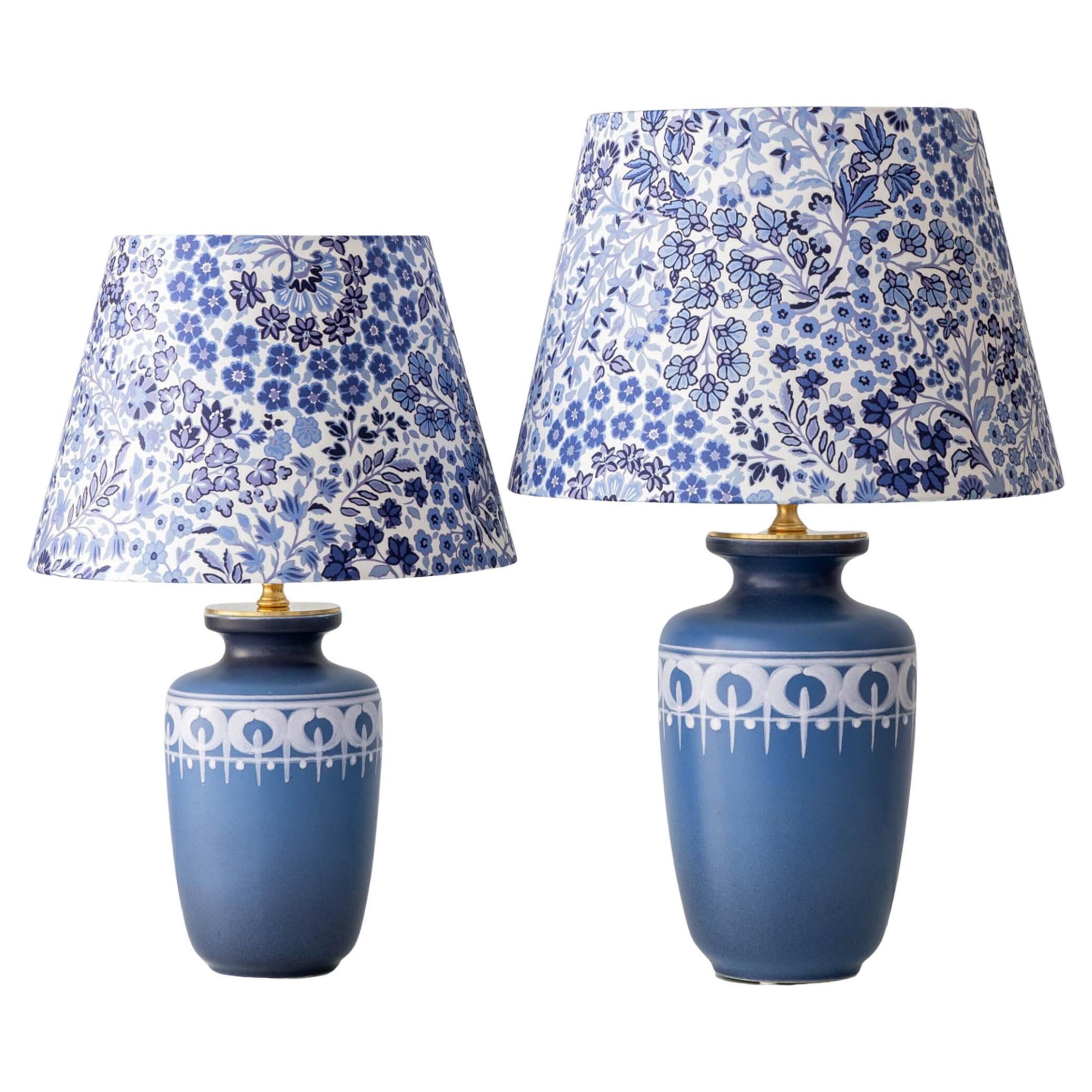 Paire de lampes de table en céramique néerlandaises du milieu du siècle moderne avec nouveaux abat-jours Liberty