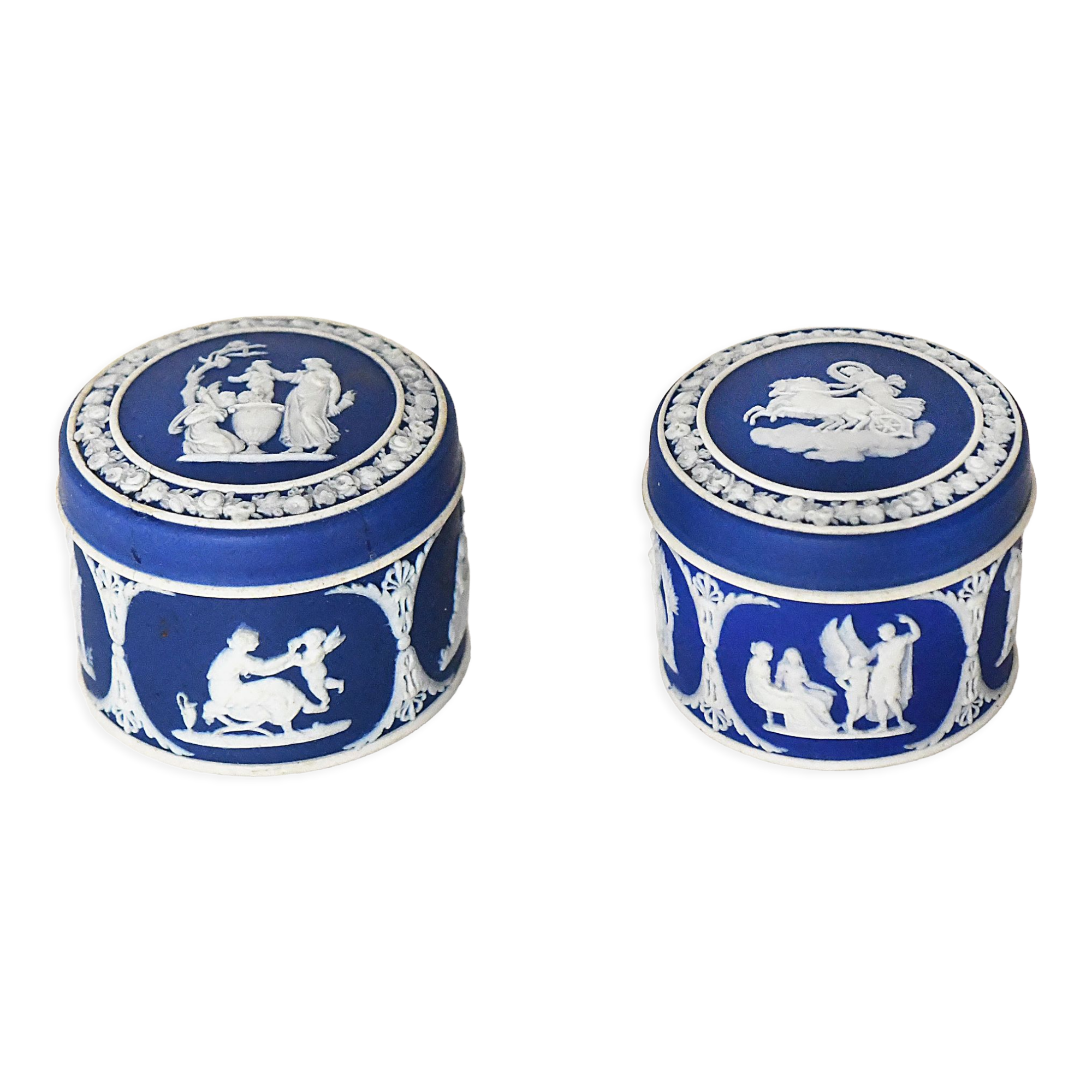 Pair of Wedgwood biscuit boxes with relief decoration of antique scenes