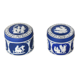 Pair of Wedgwood biscuit boxes with relief decoration of antique scenes