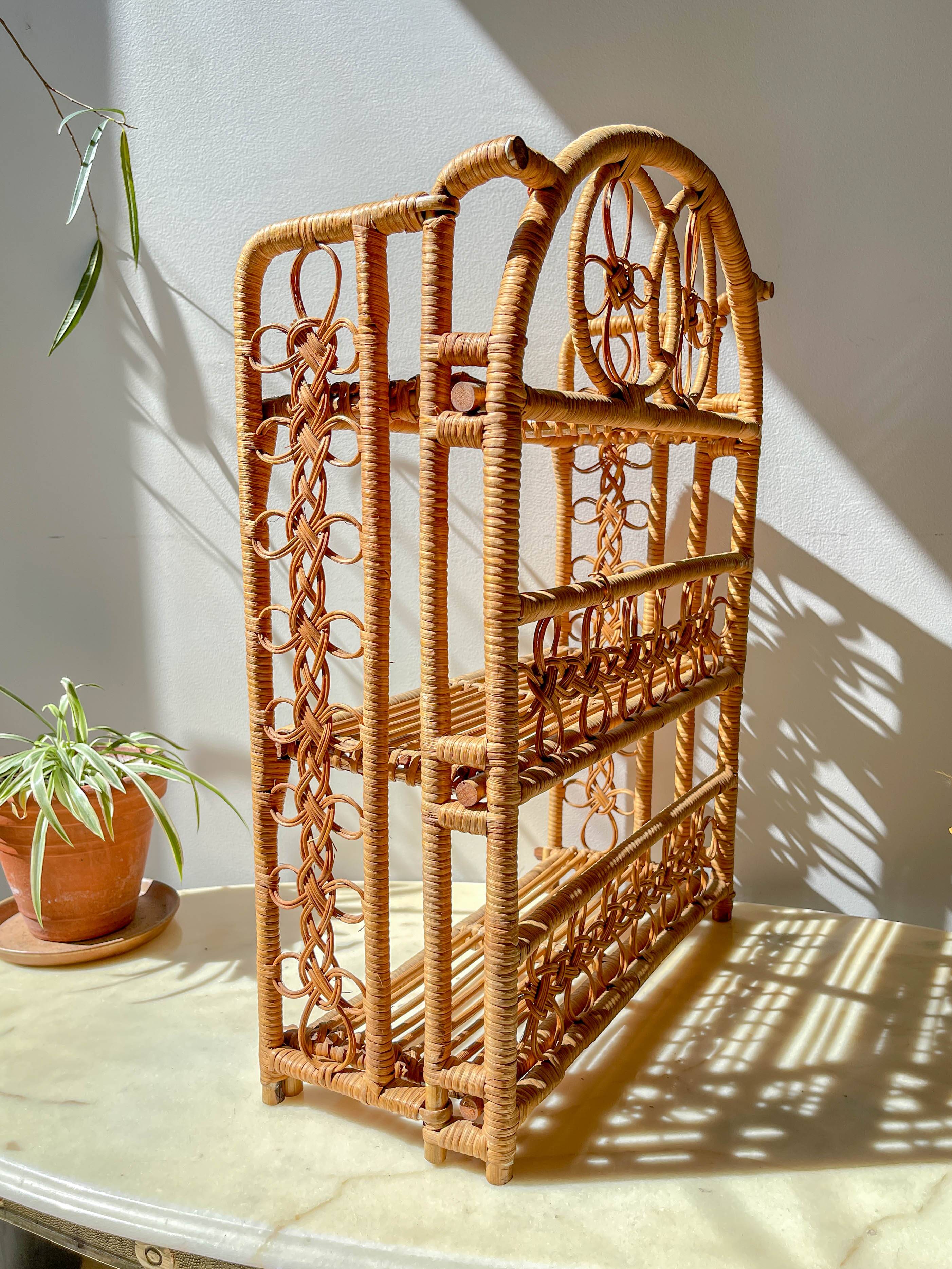 Vintage 1950s rattan folding shelf