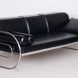 Fully Restored Bauhaus Black Leather Tubular Chrome Sofa by Robert Slezák, 1930s