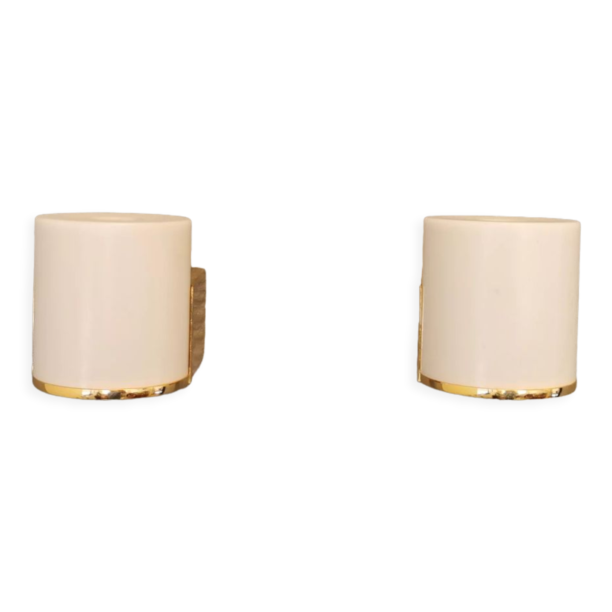 Wall lamps with milky white acrylic plastic shades and solid brass bases