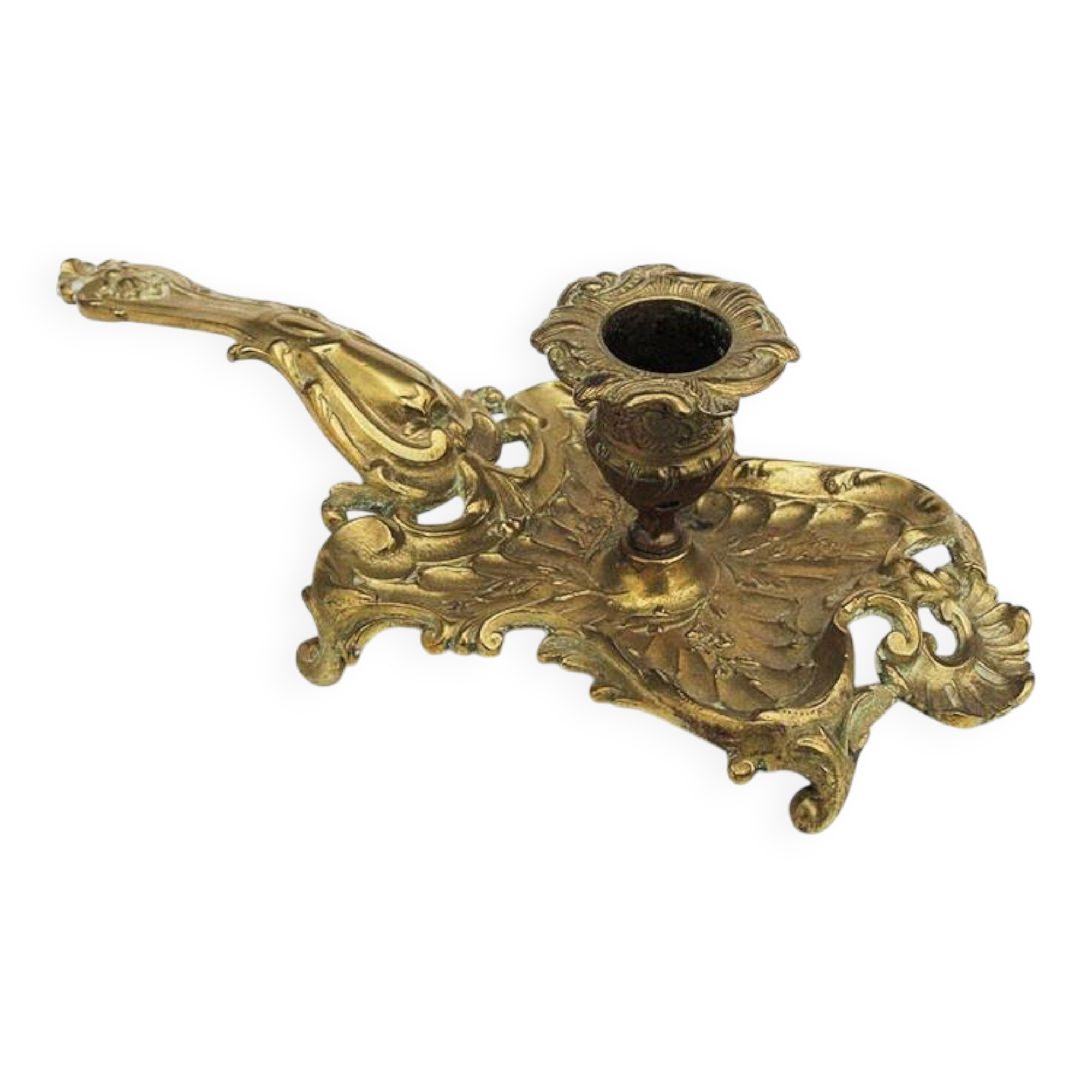 Antique rococo-style hand candlestick in bronze or brass