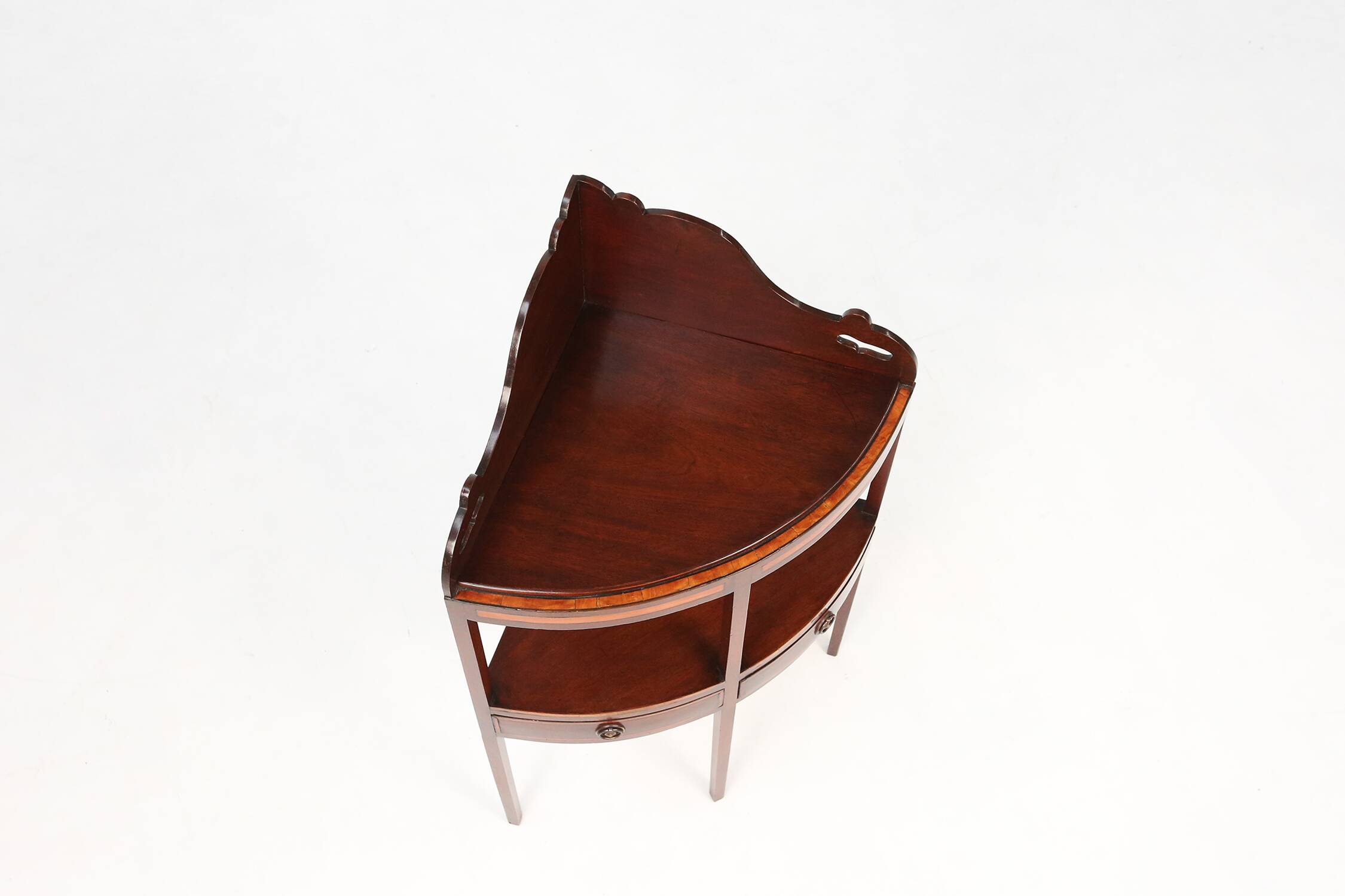 Elegant antique corner cabinet with wood inlay and 2 drawers, France ca. 1850