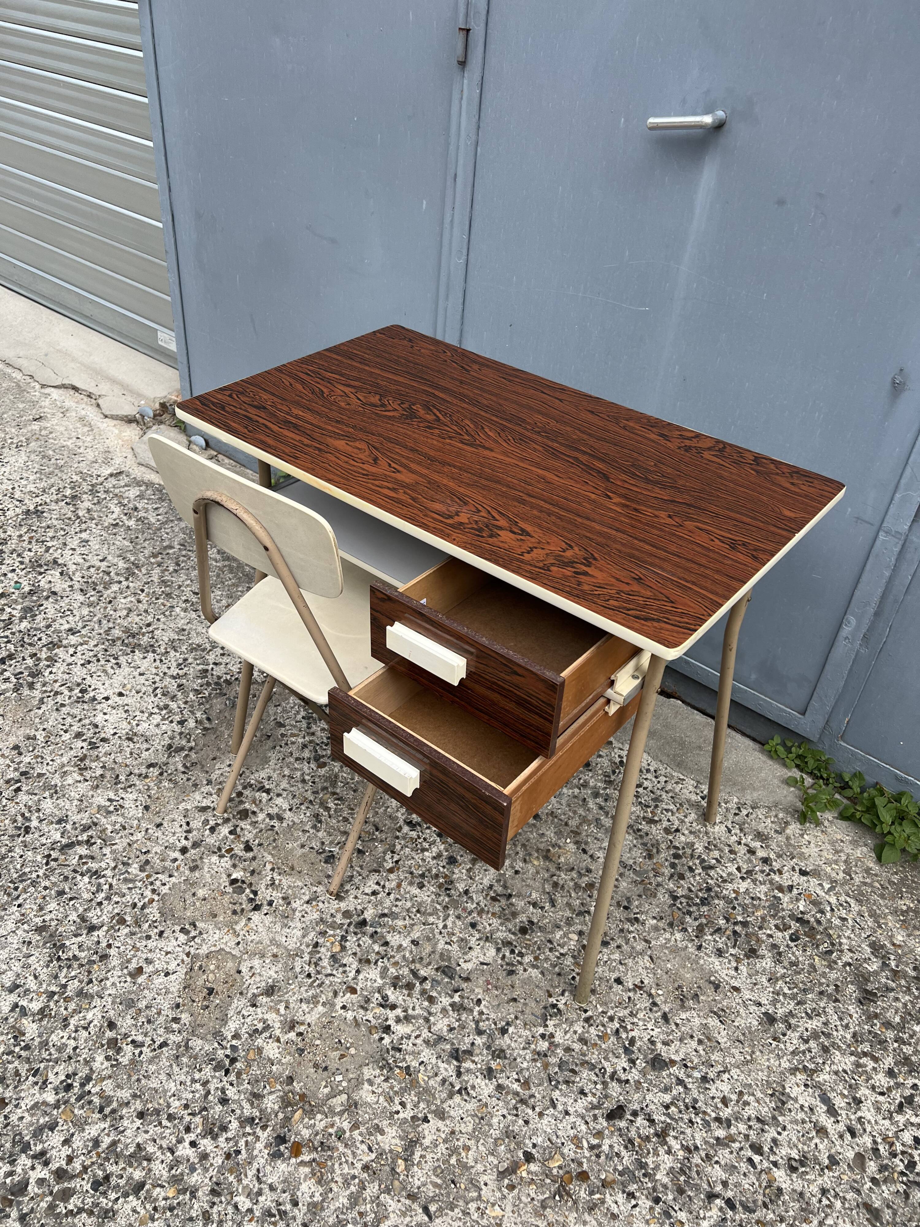 Small vintage desk with formica drawers and 70s chair