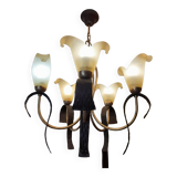 Chandelier 5 arms original 1980 in metal and polished glass