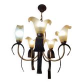 Chandelier 5 arms original 1980 in metal and polished glass