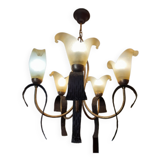 Chandelier 5 arms original 1980 in metal and polished glass