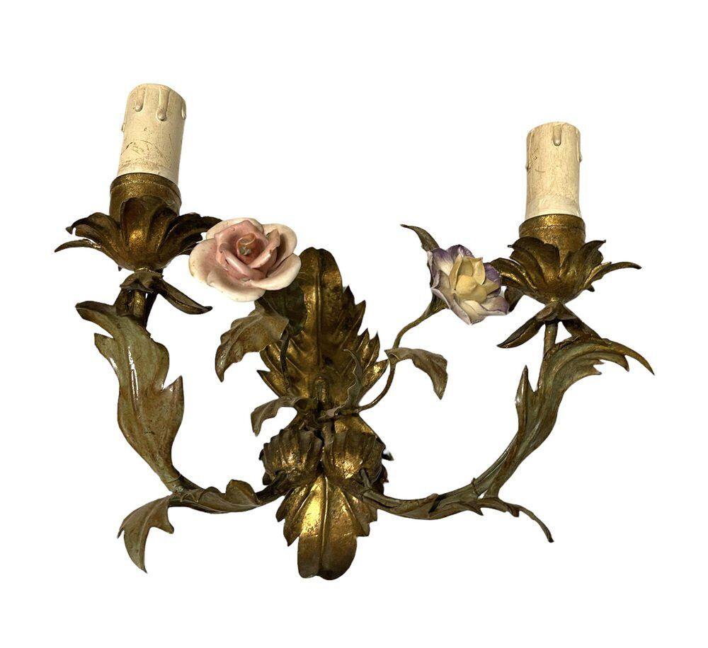 Italian tole sconces with ceramic summer flowers, 1960s , set of 2