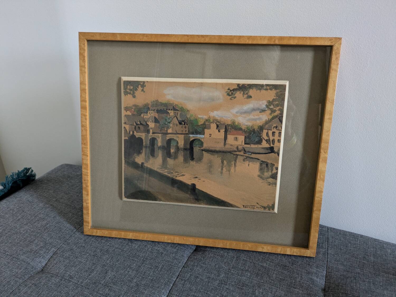 Watercolour signed 1949 framed with a magnifying glass.