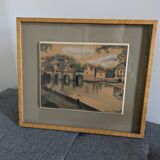 Watercolor signed 1949 framed magnifying glass