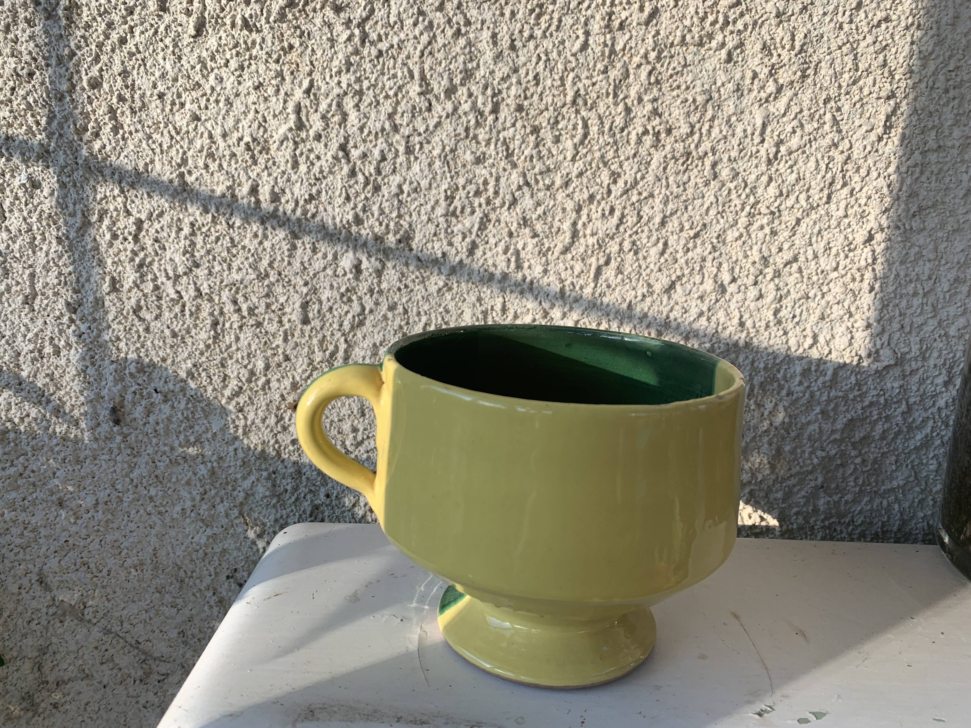 Large bowl in vintage green and yellow enamelled ceramic