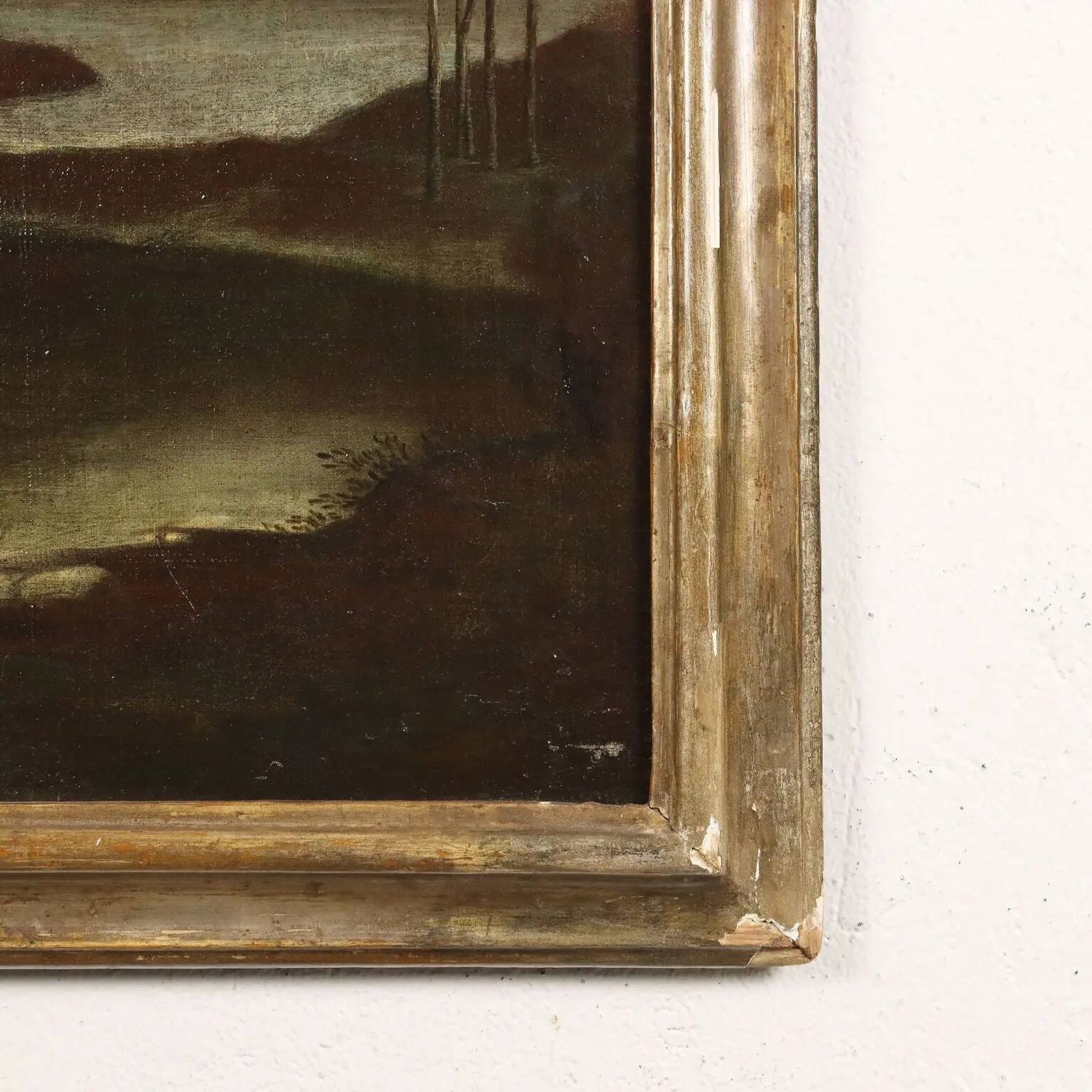 Ancient painting from the 1700s, landscape with figures, oil on canvas, styled frame.