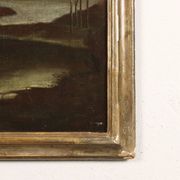 Ancient painting from the 1700s, landscape with figures, oil on canvas, styled frame.