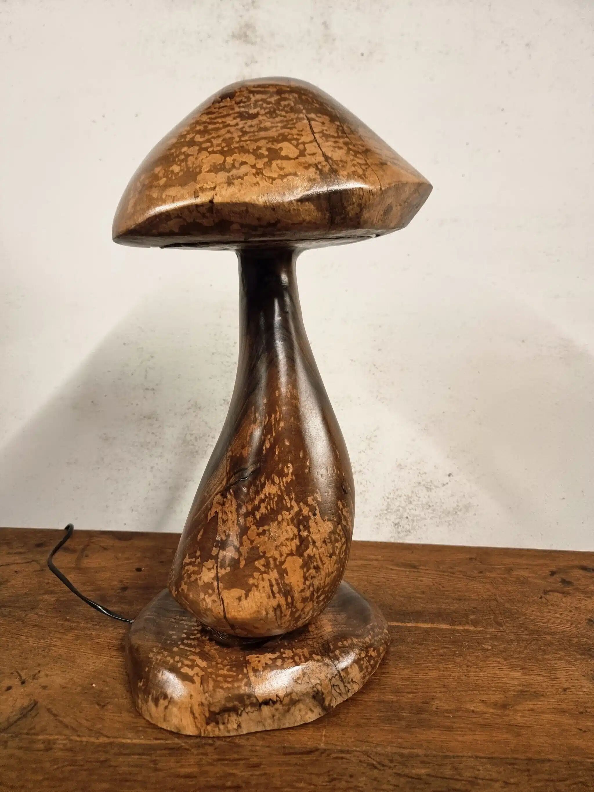 Hand-carved wooden mushroom table lamp with integrated LED