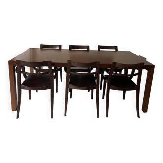 Walnut wood veneer table 200X100 H74 and 6 chairs