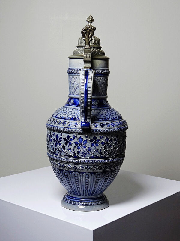 Grand pichet à bière en grès émaillé au sel et étain Allemagne type Westerwald