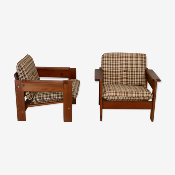 Pair of brutalist armchairs, pine, France, circa 1960