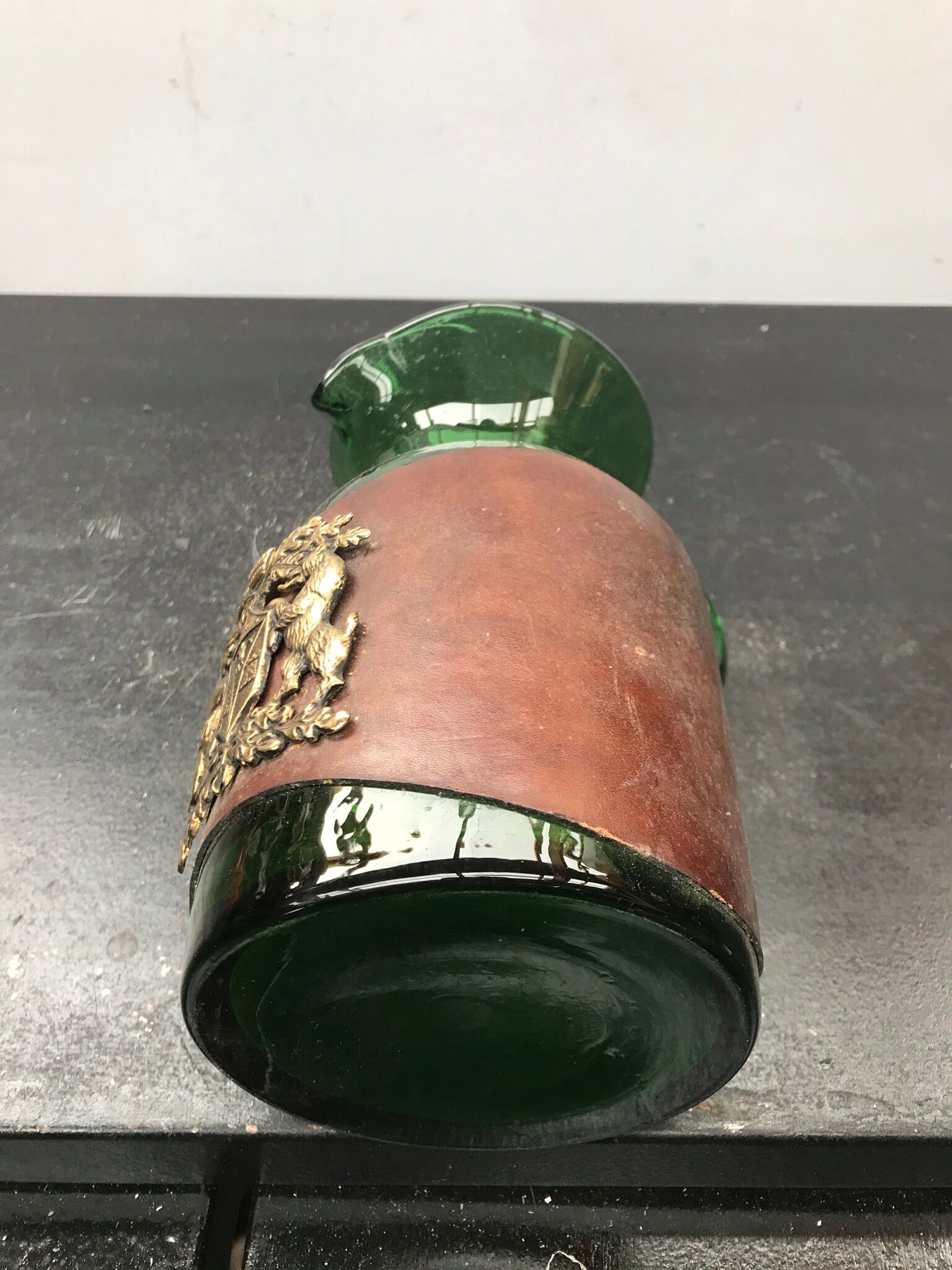 Former Carafe Pitcher Green Blown Glass - Leather - Vintage Kitchen