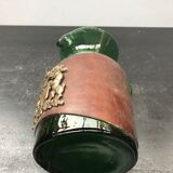 Pichet carafe verre soufflé vert avec cuir & écusson cuisine vintage