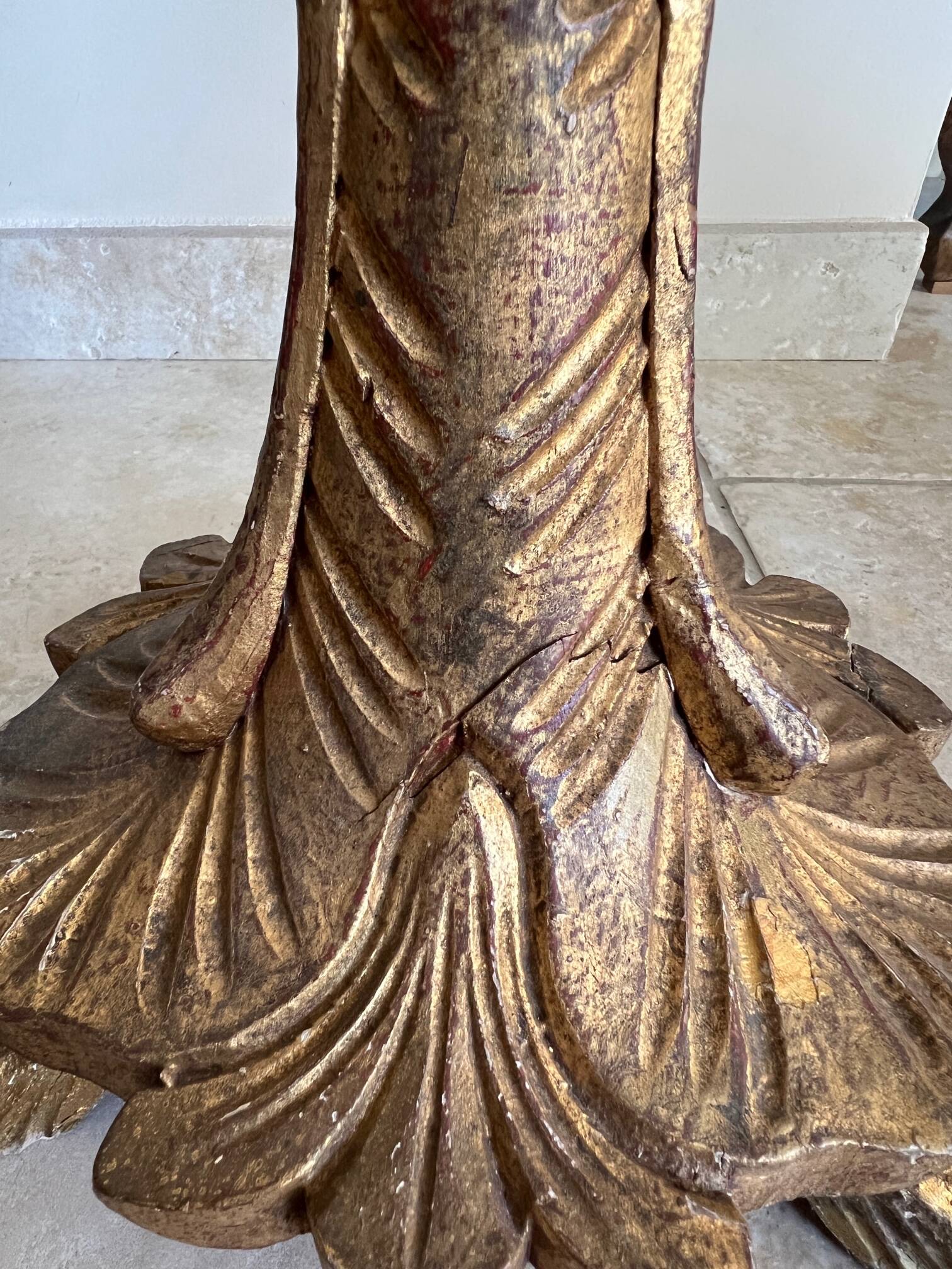 Late 19th century Art Nouveau wooden and gilded stucco floor lamp with fabric lampshade