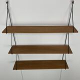 60s wall-mounted string shelf, wood and metal